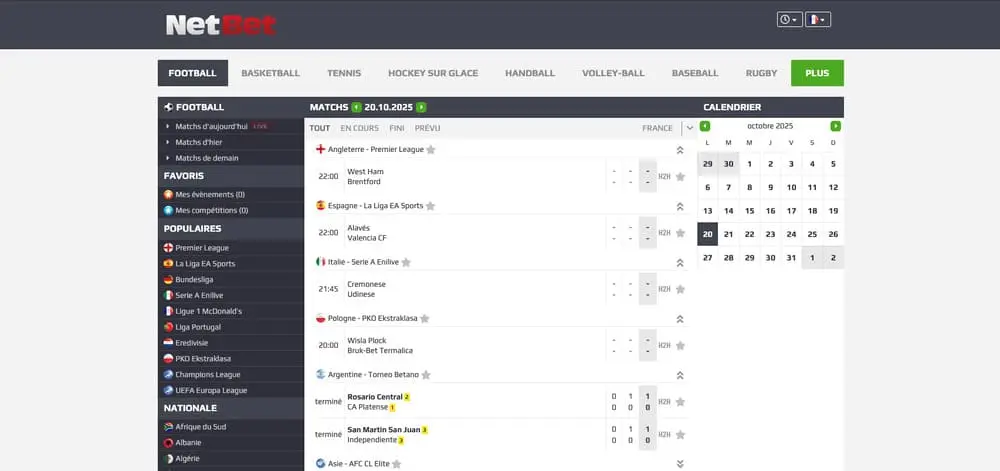 Les cotes sportives Netbet