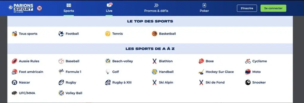 Les sports disponibles sur Parions Sport