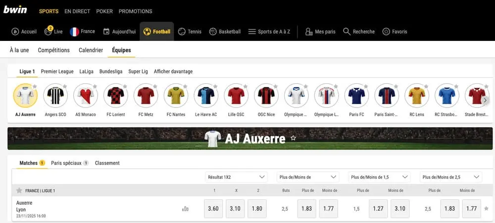 Les équipes de football sur Bwin Sport