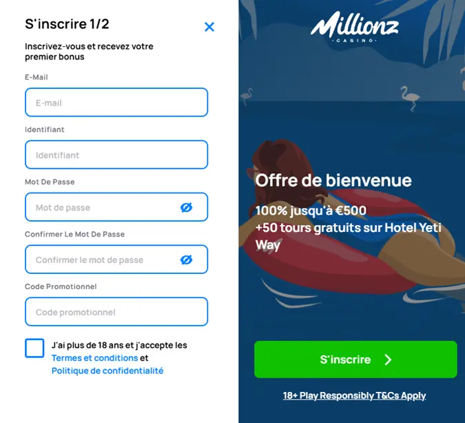 S'inscrire a Millionz Casino