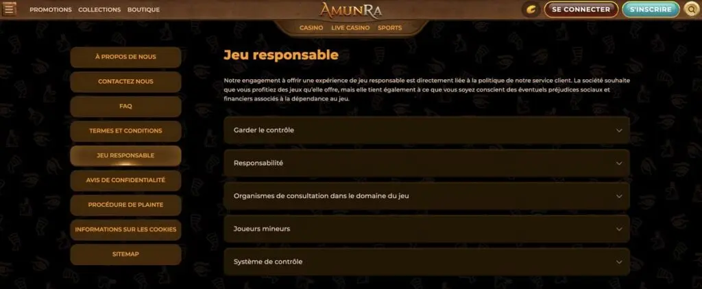 Jeu responsable du casino AmunRa
