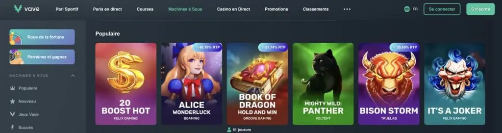 Les jeux sur Vave Casino
