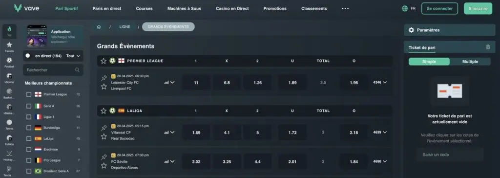 Les paris sportifs du bookmaker Vave