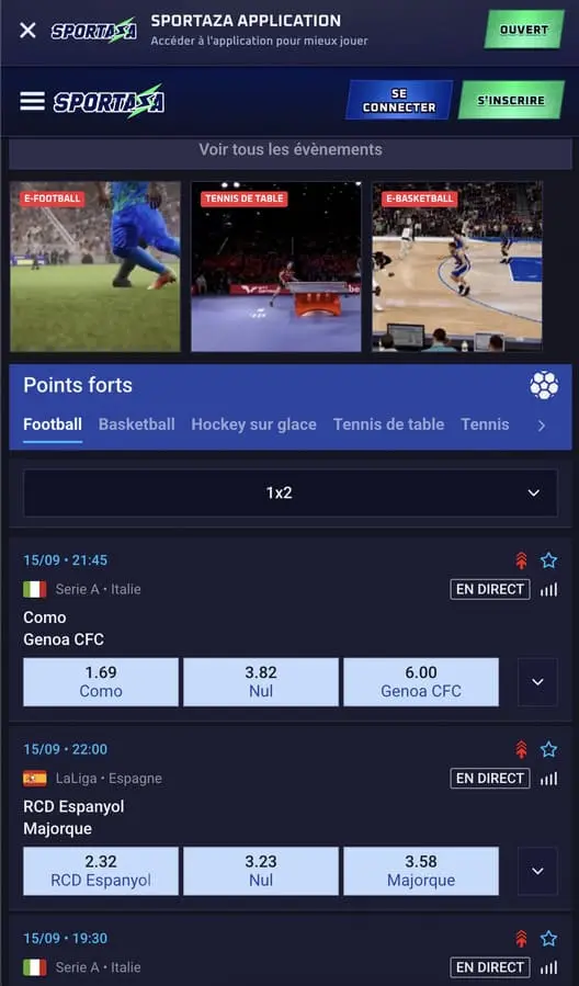 Jouer sur mobile avec Sportaza