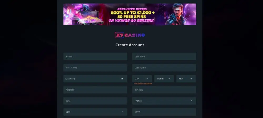 S'inscrire sur X7 Casino