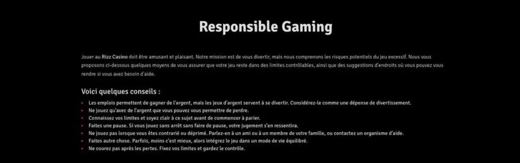 Politique de jeu responsable de Rizz Casino