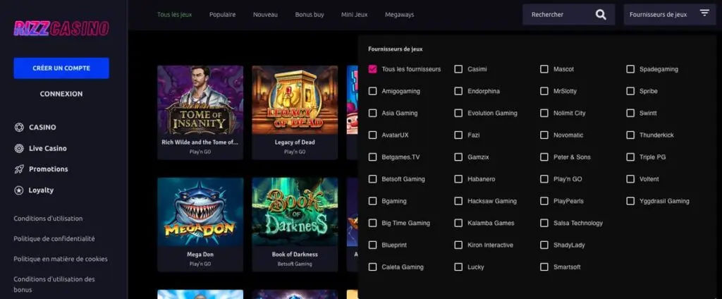 Les fournisseurs de jeux chez Rizz CasinoJouer sur mobile avec Rizz Casino
Version mobile / responsive
J’ai testé Rizz Casino sur plusieurs appareils mobiles, et bonne nouvelle : tout fonctionne parfaitement sans application à télécharger. Le site est 100 % responsive, ce qui veut dire que vous pouvez y jouer directement depuis le navigateur web de votre smartphone ou tablette, que vous soyez sur iOS ou Android. Les pages se chargent rapidement, les menus sont fluides, et l’intégralité de l’offre (jeux, bonus, dépôts…) est disponible sur mobile.

Interface & navigation
L’interface tactile a été bien pensée : les boutons sont faciles à cliquer, les catégories sont bien hiérarchisées et les animations restent fluides même sur les appareils un peu plus anciens. J’ai pu retrouver mes jeux favoris, gérer mon compte et contacter le support client sans aucune difficulté. L’expérience utilisateur sur mobile est aussi agréable que sur ordinateur, ce qui est un vrai plus pour un casino aussi jeune.

