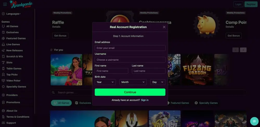 S'inscrire sur le casino AvantGarde