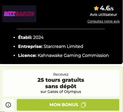 Rizz casino sous licence Kahnawake