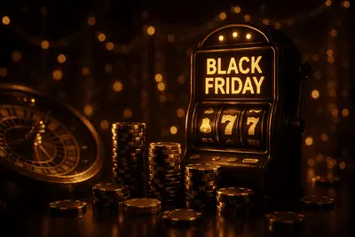 Ambiance Black Friday dans un casino en ligne, avec jetons et lumières dorées.