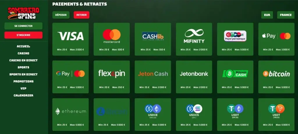 Méthodes de paiement Sombrero Spins Casino