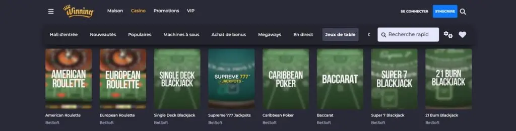 Jeux de table sur Winning casino