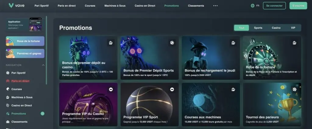 les bonus de Vave casino