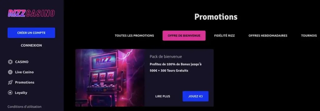Bonus de bienvenue de Rizz casino