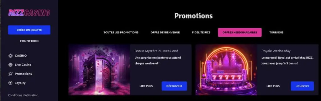 Les offres speciales de Rizz casino