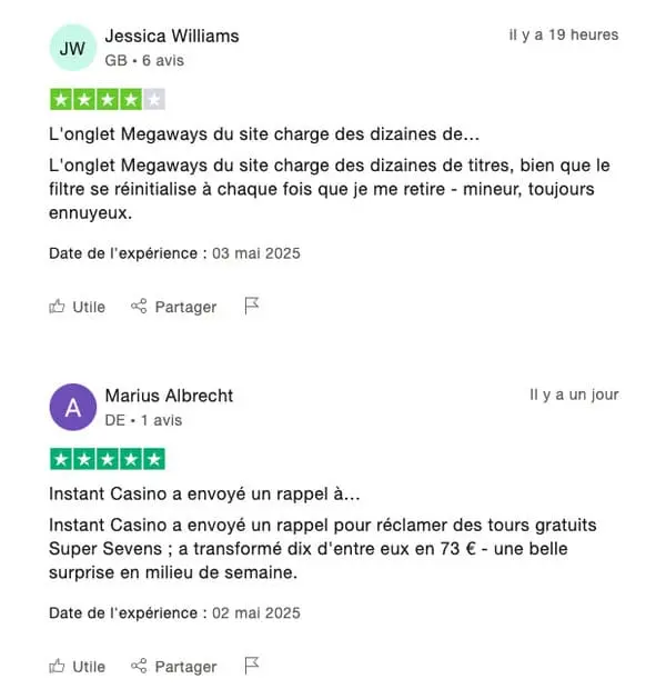 Avis Trust pilot sur Instant Casino