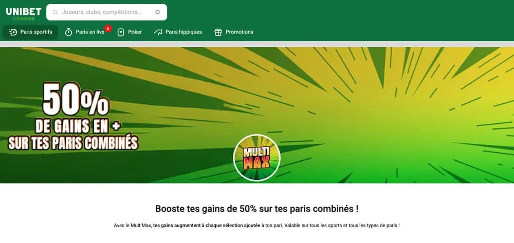 Unibet Sport promotions 50% de gains en plus sur les paris combinés
