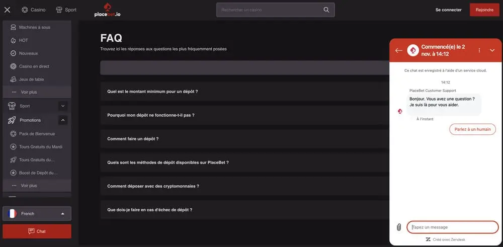 Service client Placebet casino