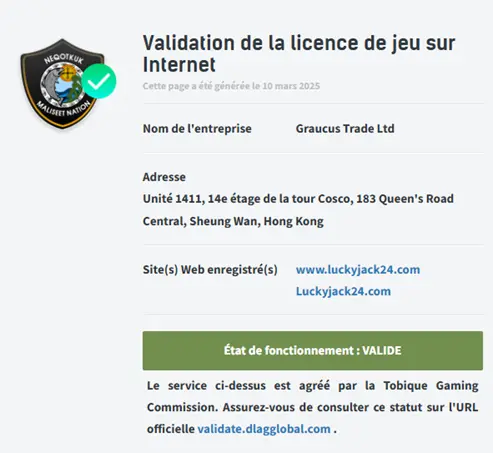 Licence de jeu LuckyJack24