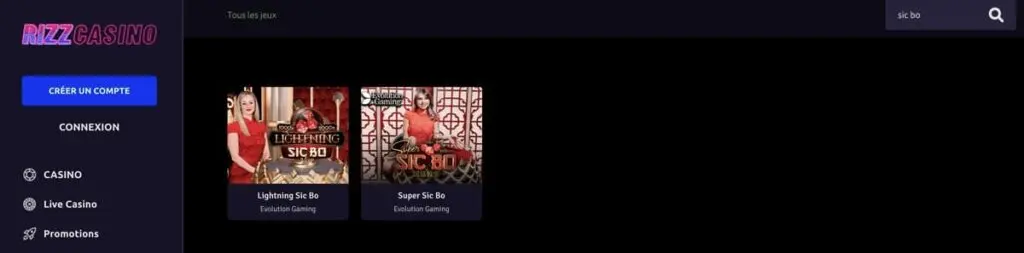 Sic bo en live sur Rizz casino