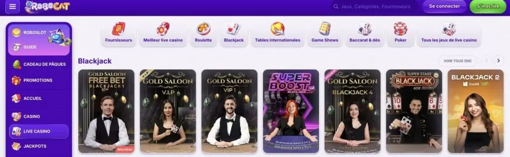 Le Live Blackjack sur Robocat
