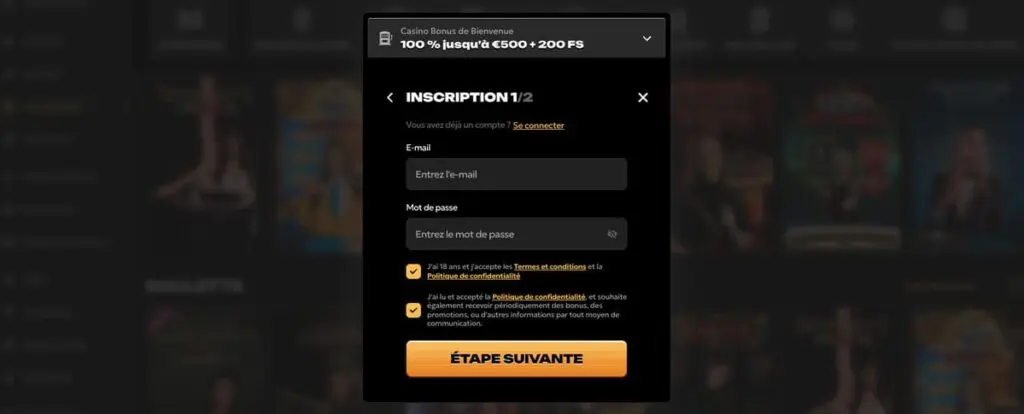 S'inscrire sur Spinsy casino