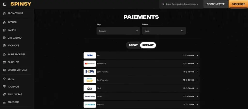 Les méthodes de paiement de Spincy Casino