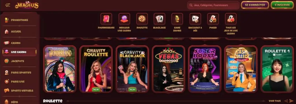 Les jeux live du casino Magius