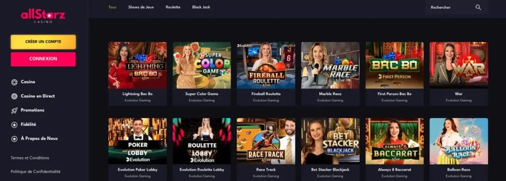 Les jeux Live AllStarz casino