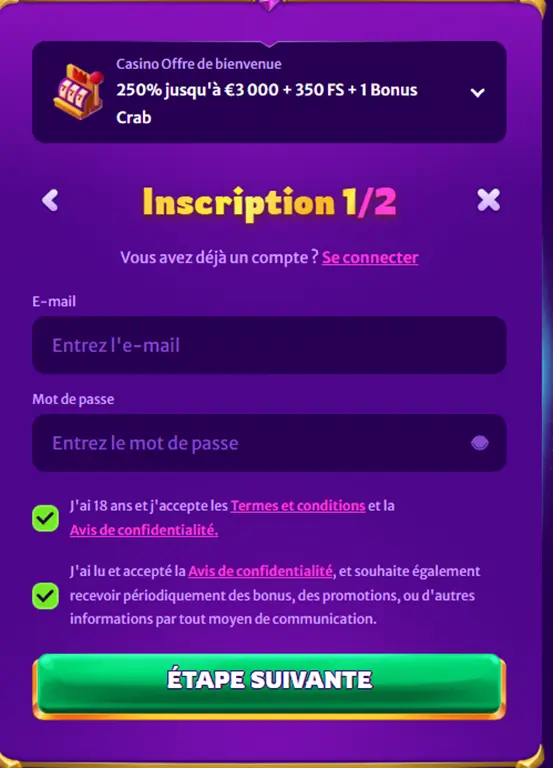 S'inscrire au casino MidasLuck