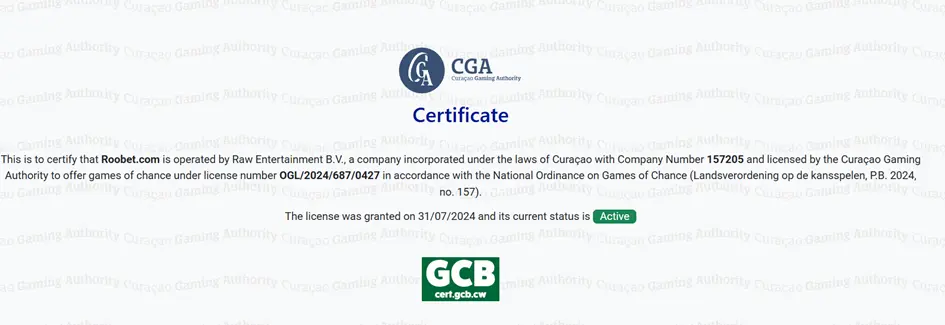 Certificat de licence de Roobet Casino