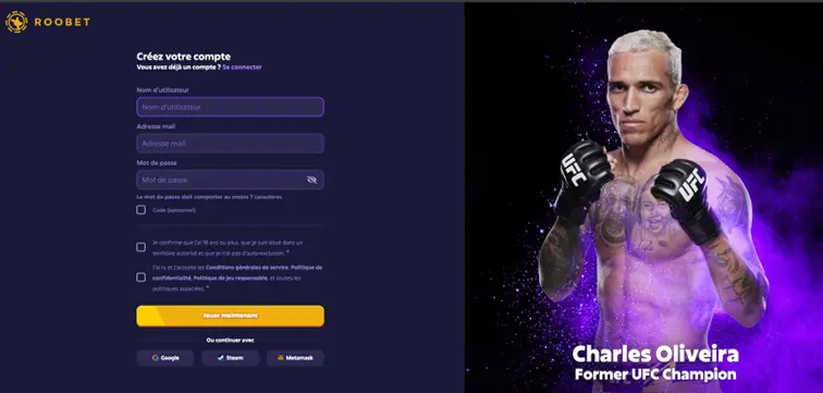 S'inscrire sur Roobet casino