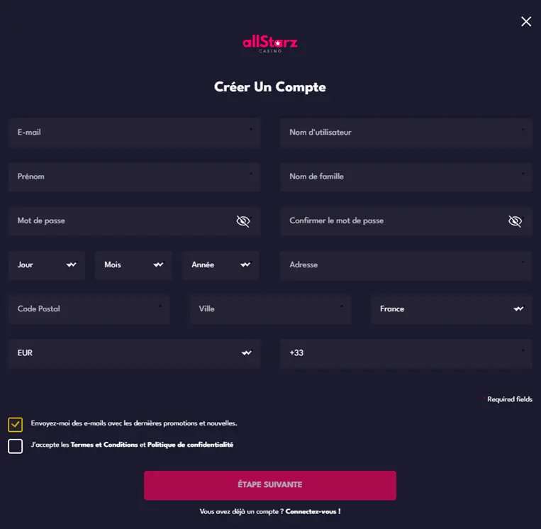 S'inscrire sur allStarz casino