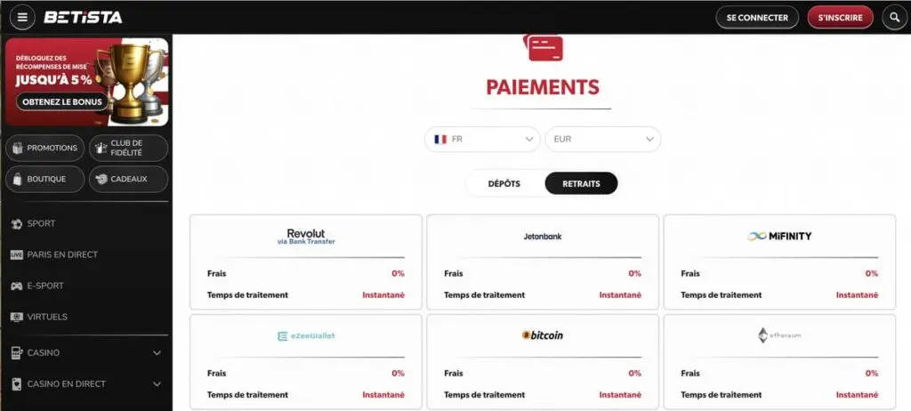 Les paiements sur Betista Casino