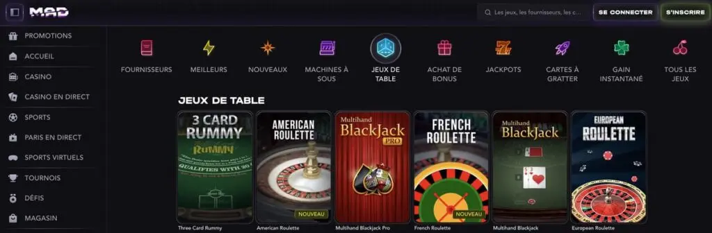 Les jeux sur Mad Casino