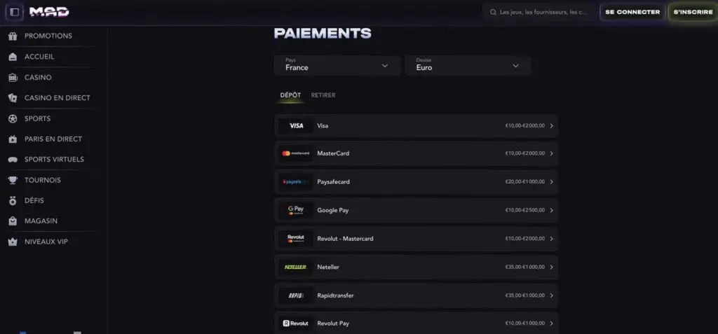 modes de paiement sur Mad casino