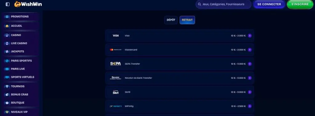 Les modes de paiement de WishWin