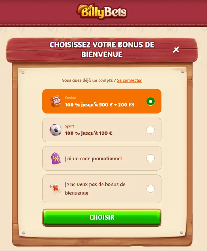 S'inscrire sur le casino BillyBets