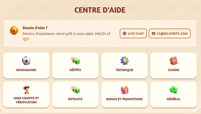 Le centre d'aide du casino BillyBets