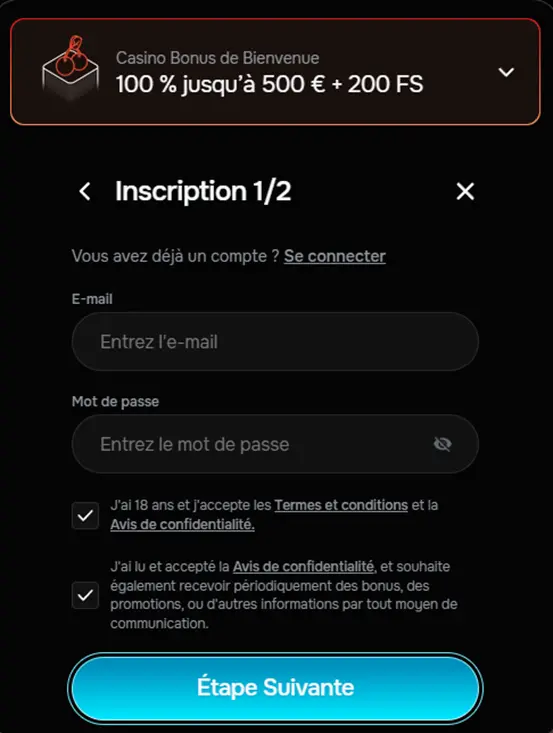 S'inscrire sur Revolution Casino