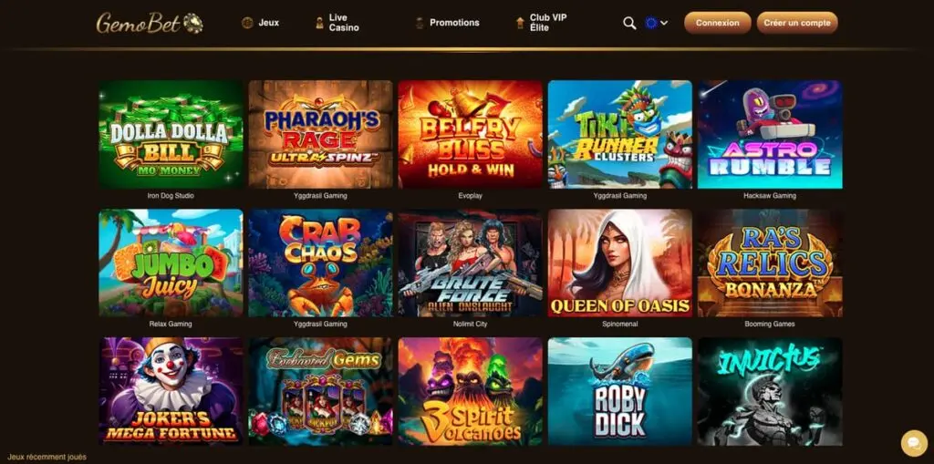 Les jeux sur le casino GemoBet