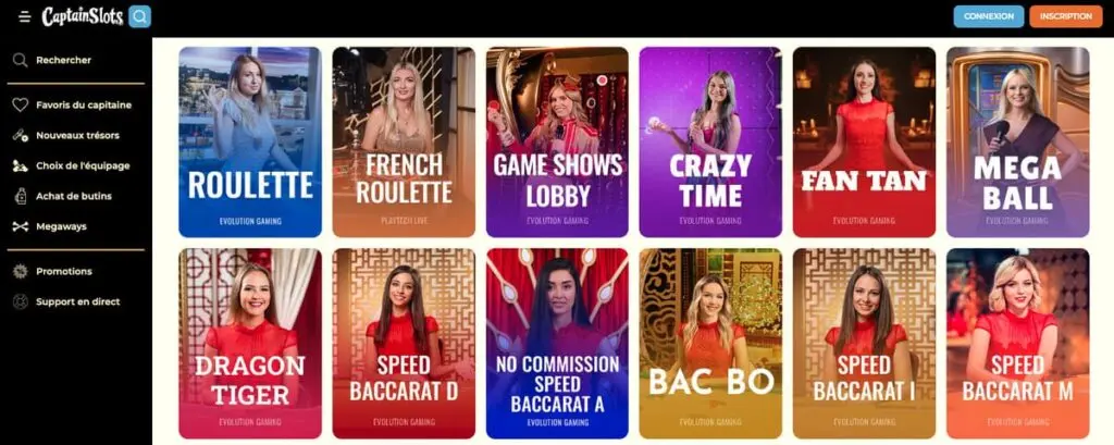 Les jeux live de Captain Slots