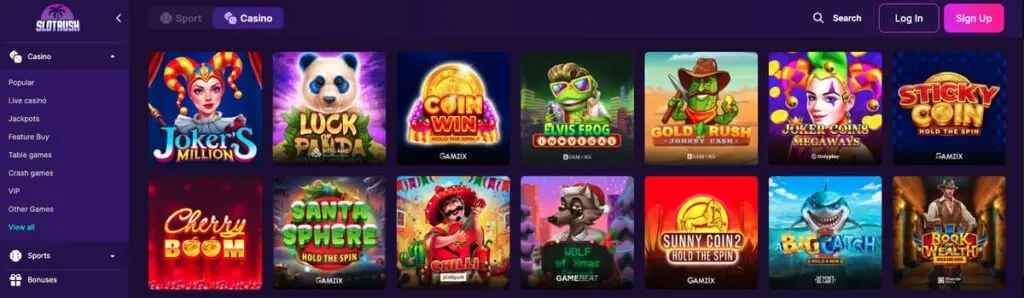 Les jeux sur le casino Slot Rush