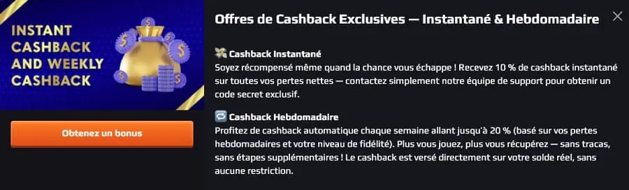 Cashback – Jusqu’à 20 % instantané ou hebdomadaire Blaze Spins