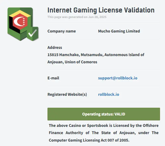 Casino RolllBlock sous licence Anjouan