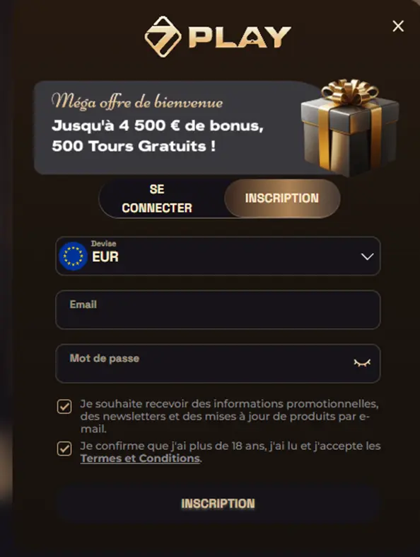 S'inscrire sur SevenPlay Casino