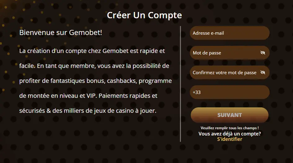 S'inscrire sur GemoBet