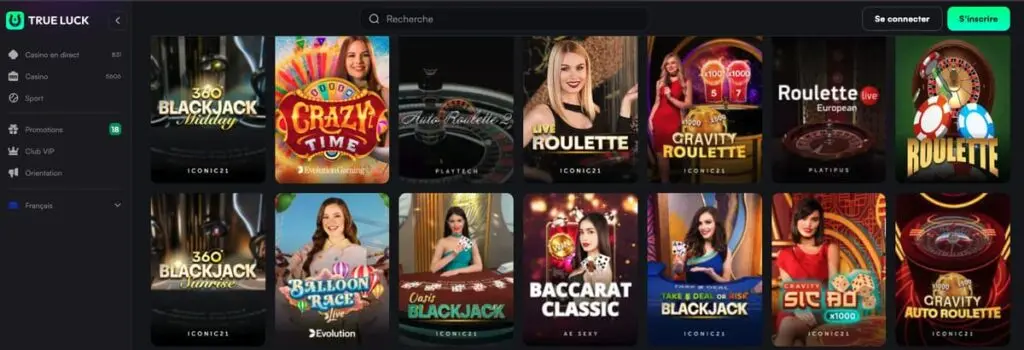 Les jeux de Casino en direct sur TrueLuck