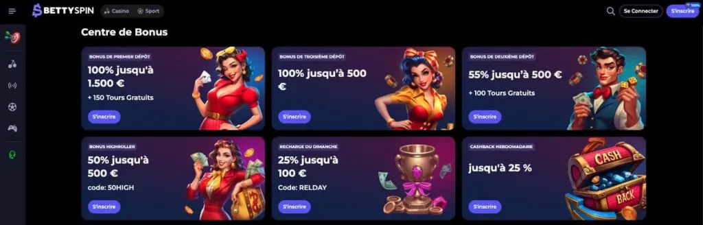 Bonus et promotions disponibles chez Bettyspin Casino