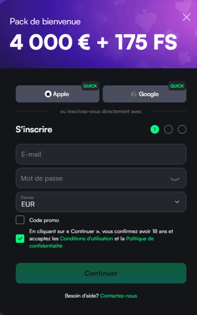 S'inscrire sur TrueLuck casino